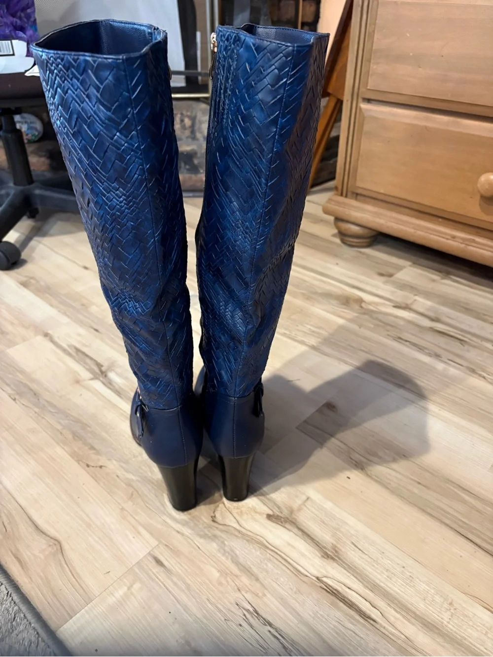 Woven Knee-High Riding Boots - Navy